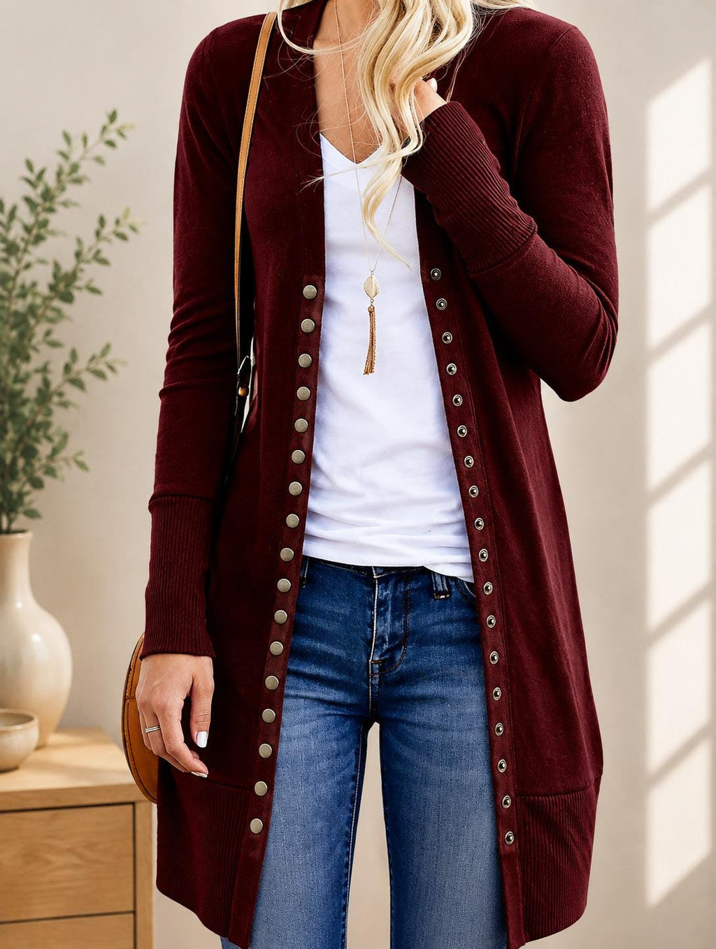 Women's Mid-Length Cardigan Sweater, Long Sleeve Button Front Layering Top for Fall Winter