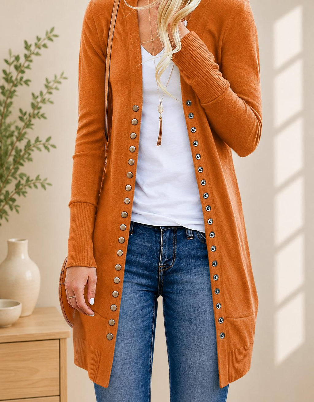 Women's Mid-Length Cardigan Sweater, Long Sleeve Button Front Layering Top for Fall Winter