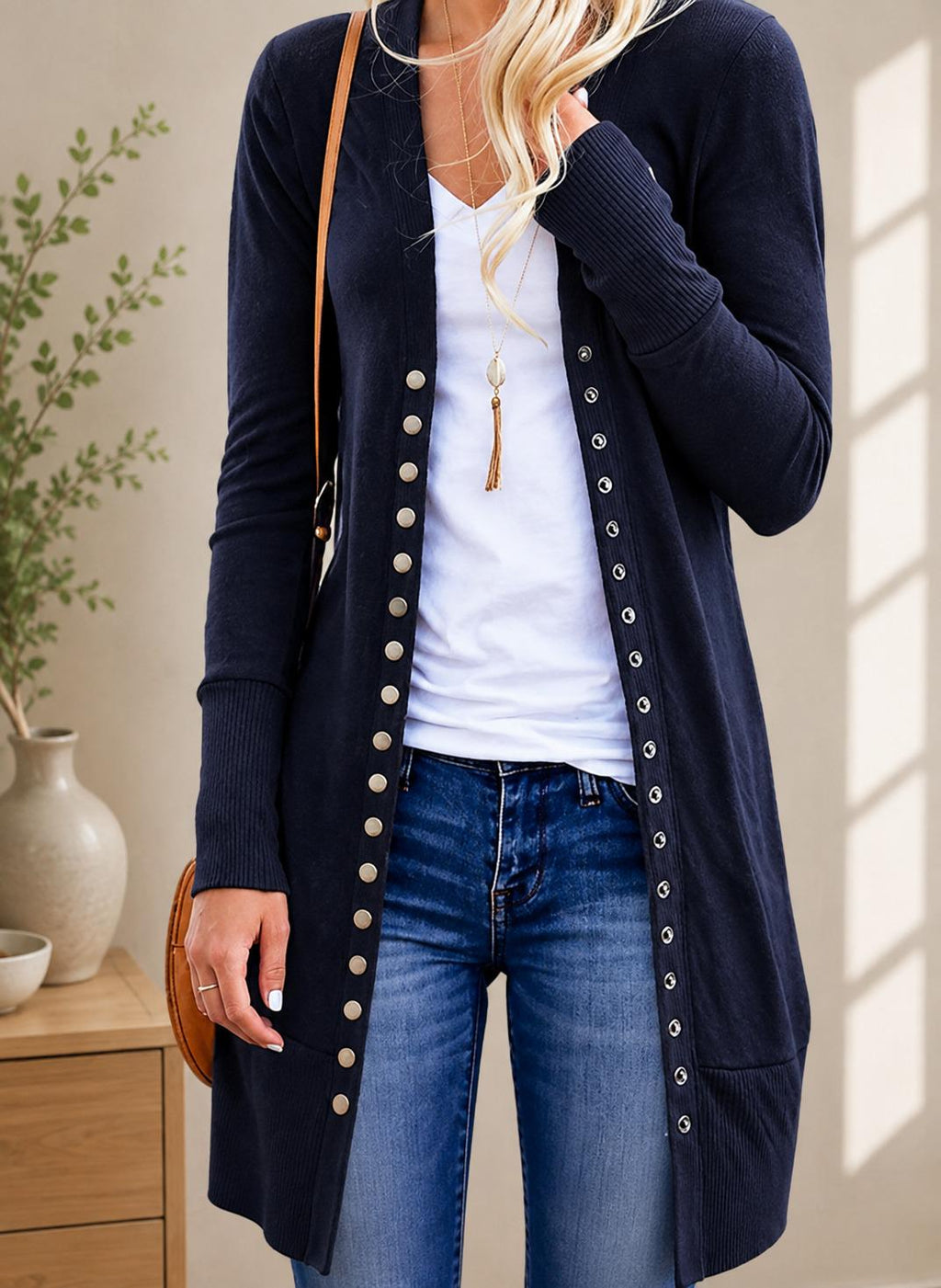 Women's Mid-Length Cardigan Sweater, Long Sleeve Button Front Layering Top for Fall Winter