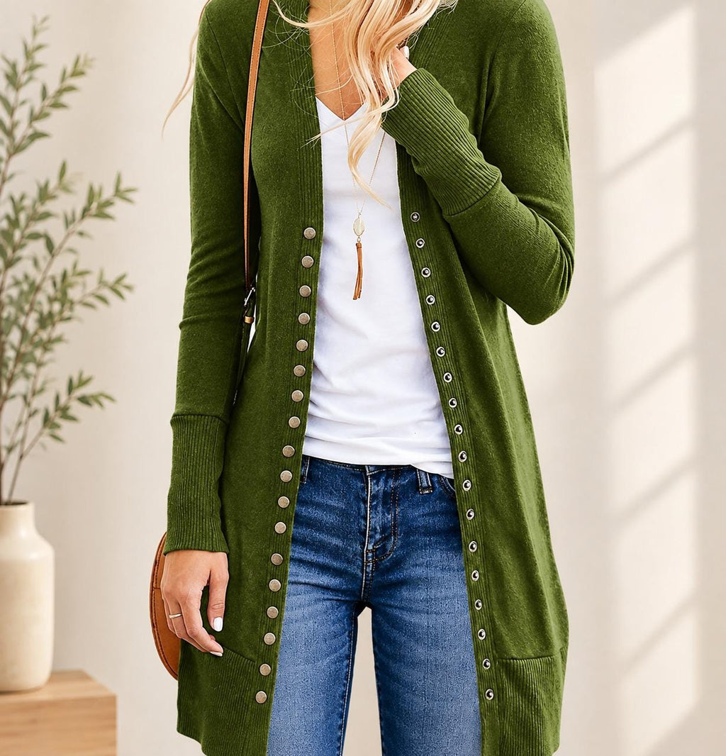 Women's Mid-Length Cardigan Sweater, Long Sleeve Button Front Layering Top for Fall Winter