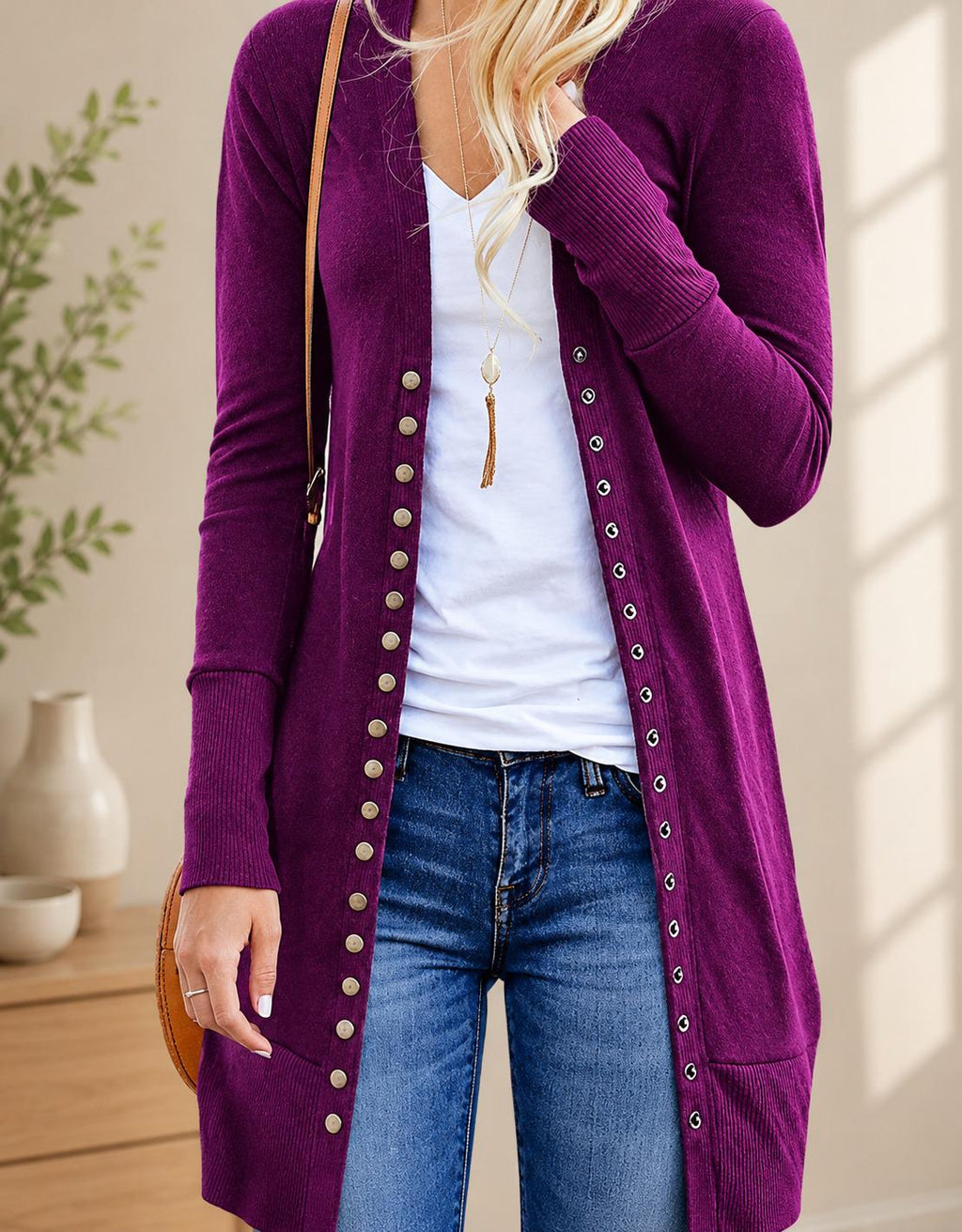 Women's Mid-Length Cardigan Sweater, Long Sleeve Button Front Layering Top for Fall Winter