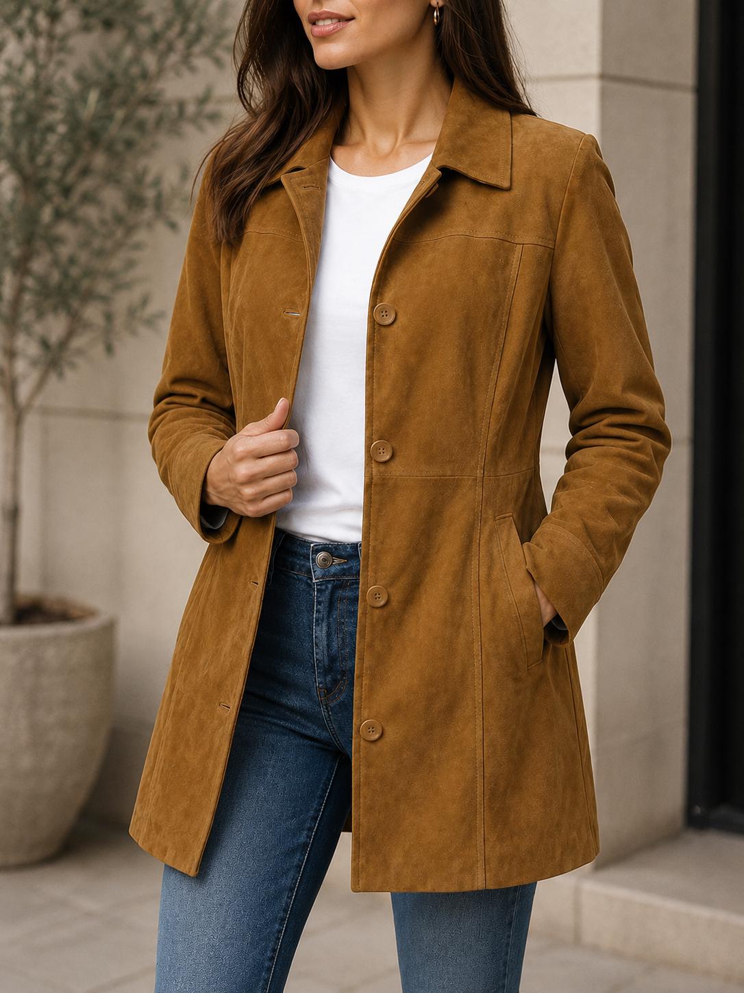 Women's Tan Suede Coat, Brown Suede Jacket, Long Leather Car Coat, Vintage Suede Outerwear, Button Front Jacket, Fall Winter Coat