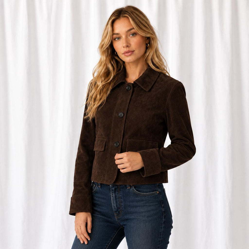 Brown Suede Jacket Women, Vintage Cropped Button Front Jacket, Classic Collar, , Casual Fall Outerwear Gift For Her