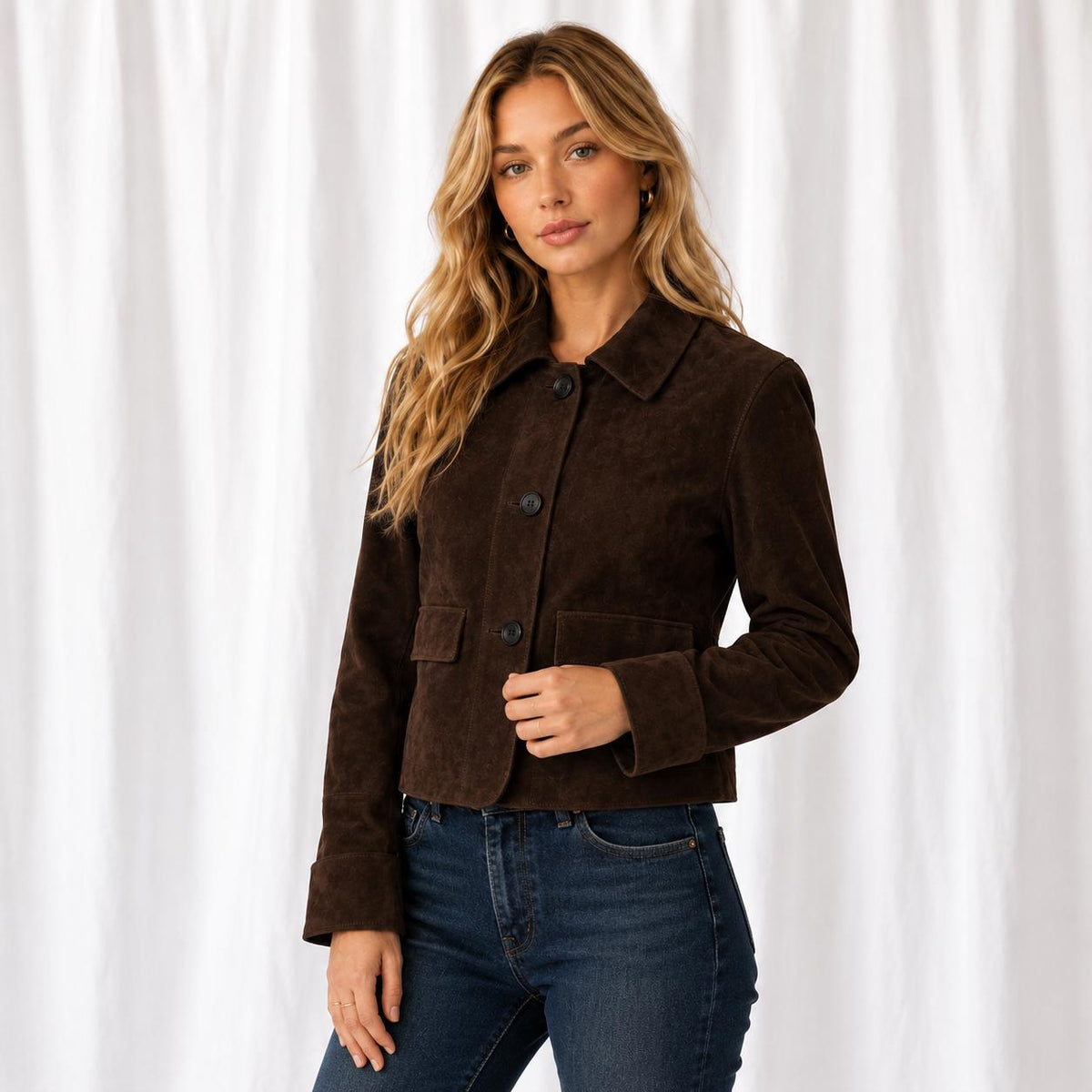 Brown Suede Jacket Women, Vintage Cropped Button Front Jacket, Classic Collar, , Casual Fall Outerwear Gift For Her