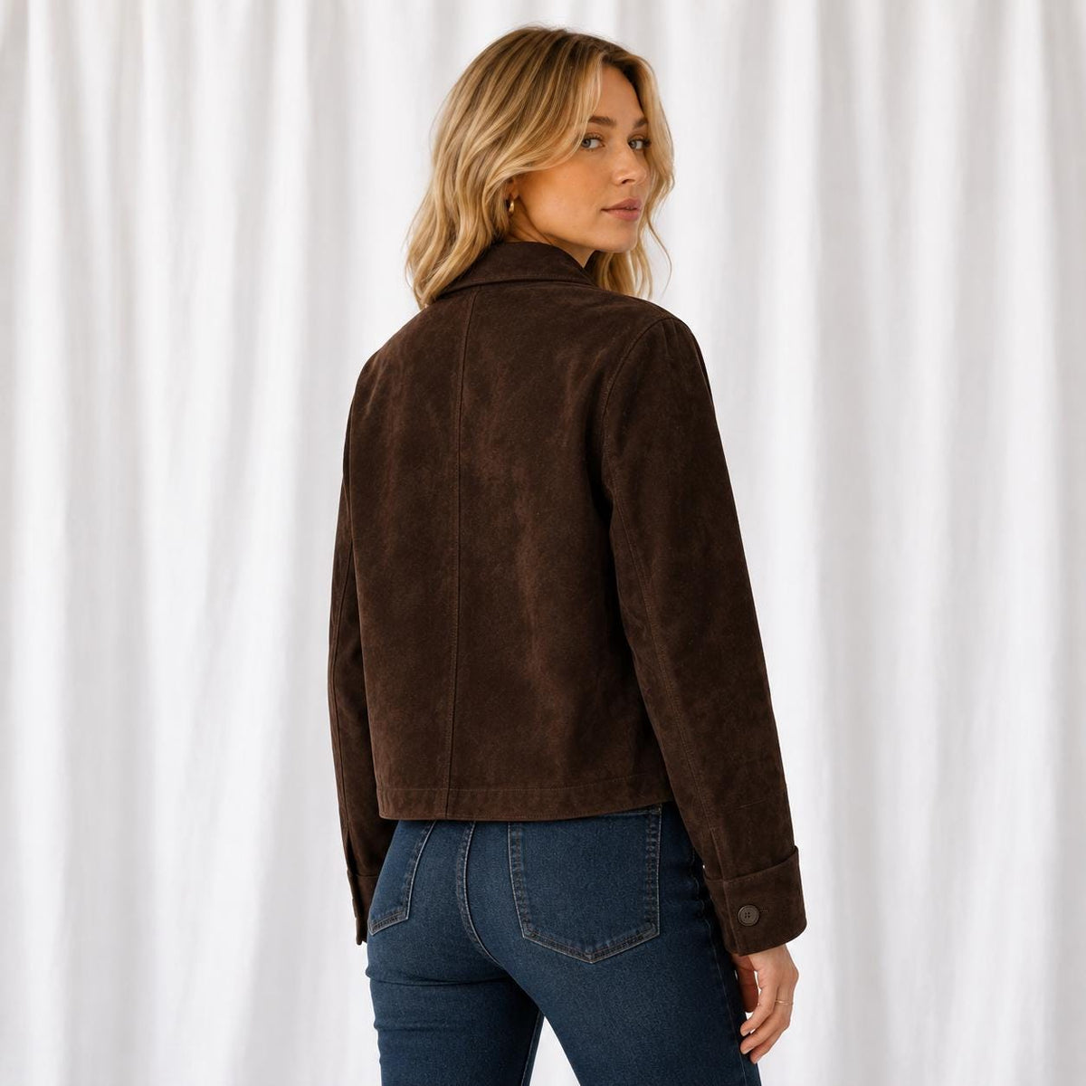 Brown Suede Jacket Women, Vintage Cropped Button Front Jacket, Classic Collar, , Casual Fall Outerwear Gift For Her