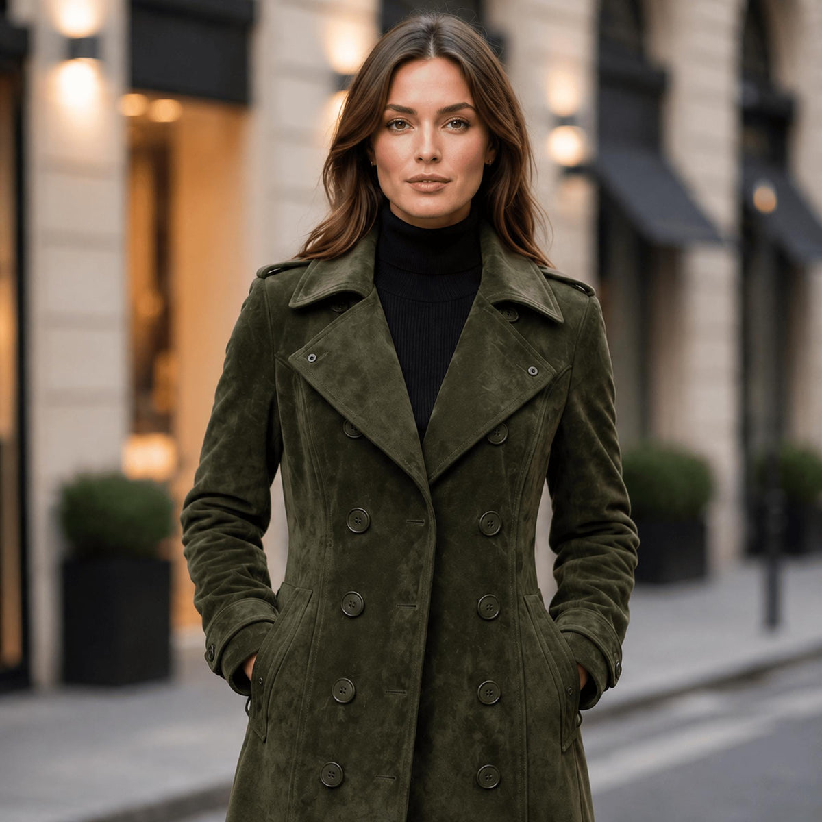 Women's Olive Green Suede Trench Coat Women – Genuine Leather Long Coat | Fall Winter Outerwear.