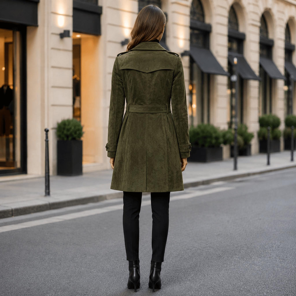 Women's Olive Green Suede Trench Coat Women – Genuine Leather Long Coat | Fall Winter Outerwear.