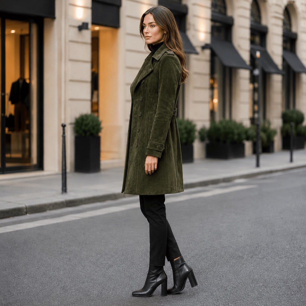 Women's Olive Green Suede Trench Coat Women – Genuine Leather Long Coat | Fall Winter Outerwear.