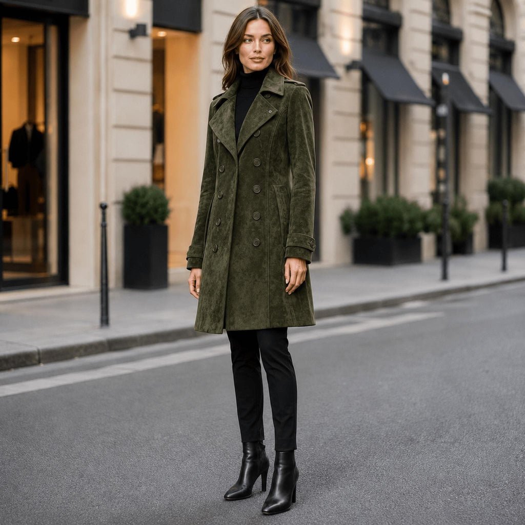 Women's Olive Green Suede Trench Coat Women – Genuine Leather Long Coat | Fall Winter Outerwear.