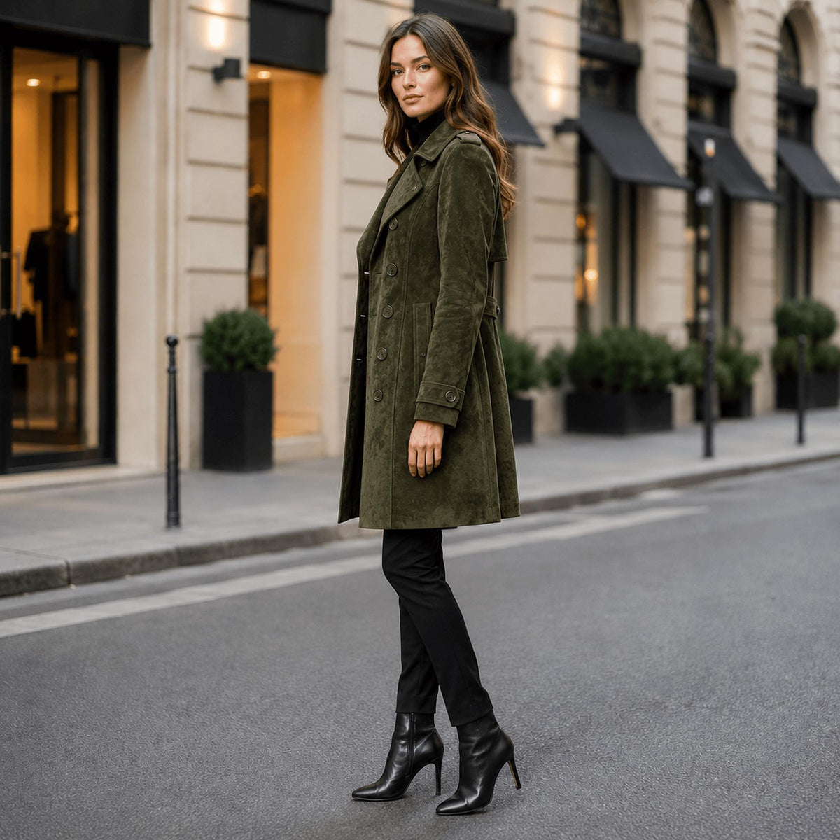 Women's Olive Green Suede Trench Coat Women – Genuine Leather Long Coat | Fall Winter Outerwear.