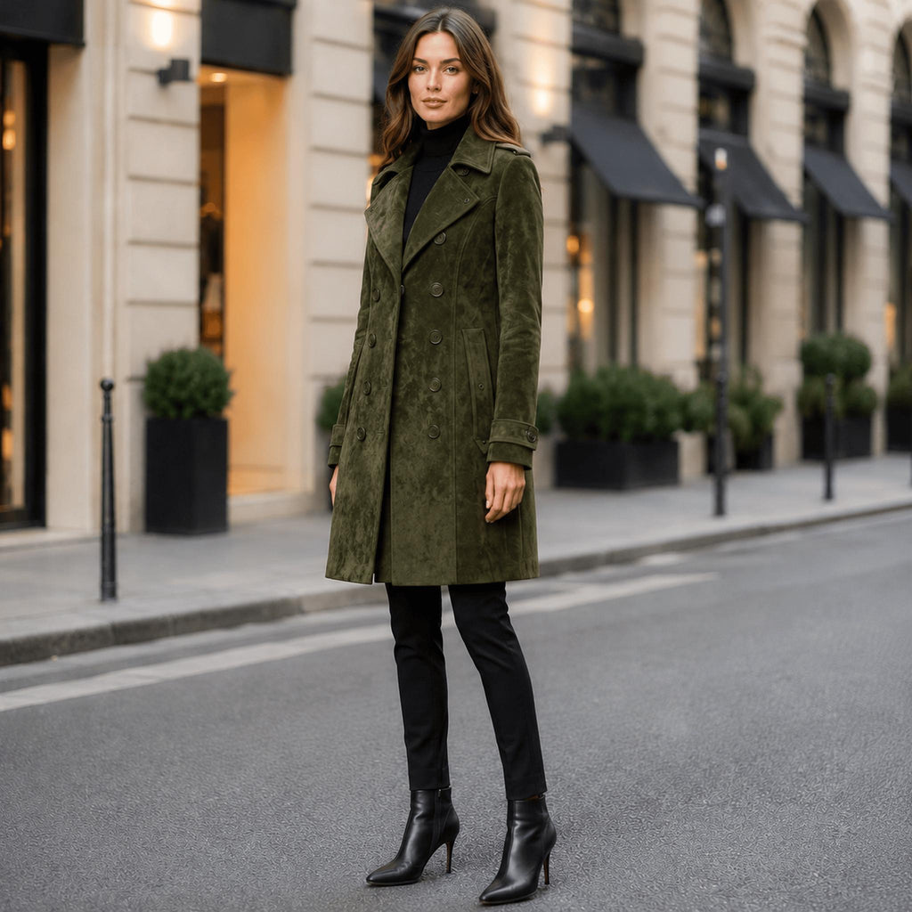 Women's Olive Green Suede Trench Coat Women – Genuine Leather Long Coat | Fall Winter Outerwear.