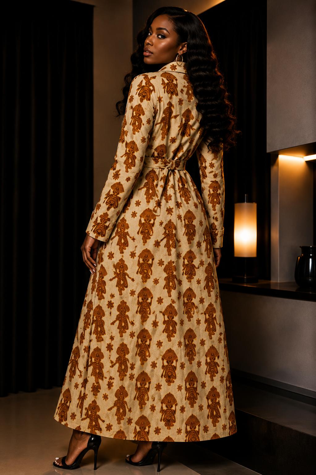Luxury African Print One‑Button Kimono Coat – Gold Tribal Pattern Long Jacket for Women, Elegant Evening Outfit