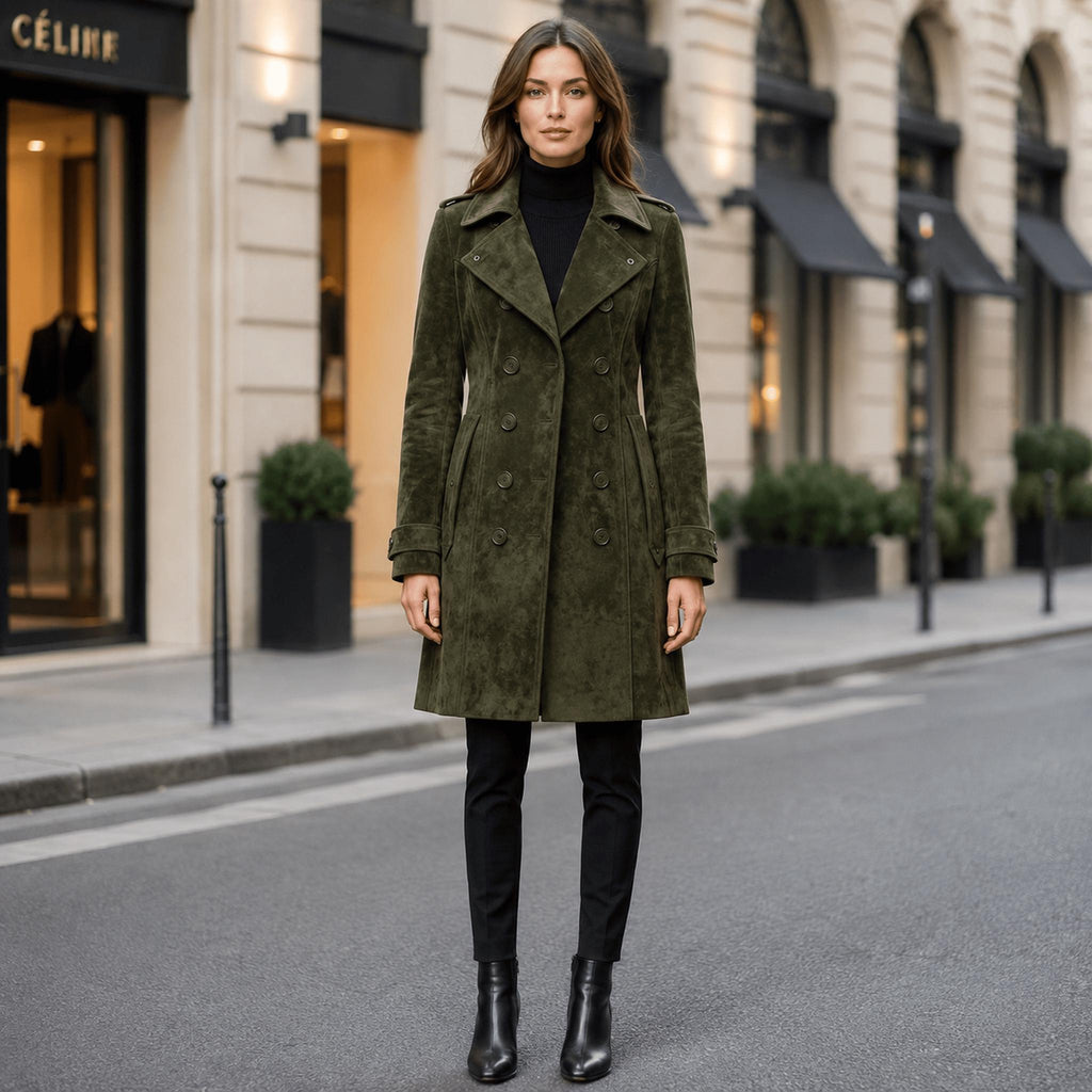 Women's Olive Green Suede Trench Coat Women – Genuine Leather Long Coat | Fall Winter Outerwear.