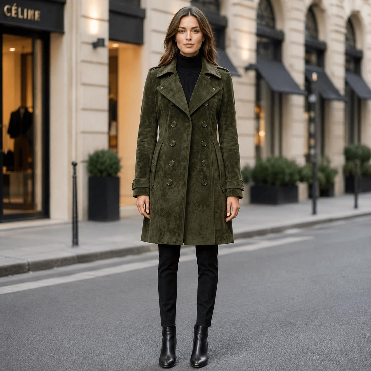 Women's Olive Green Suede Trench Coat Women – Genuine Leather Long Coat | Fall Winter Outerwear.