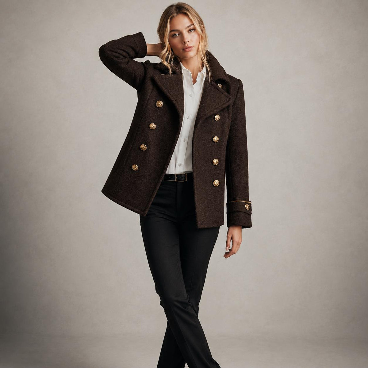 Women's Dark Brown Wool Peacoat, Double Breasted Military Jacket with Gold Buttons