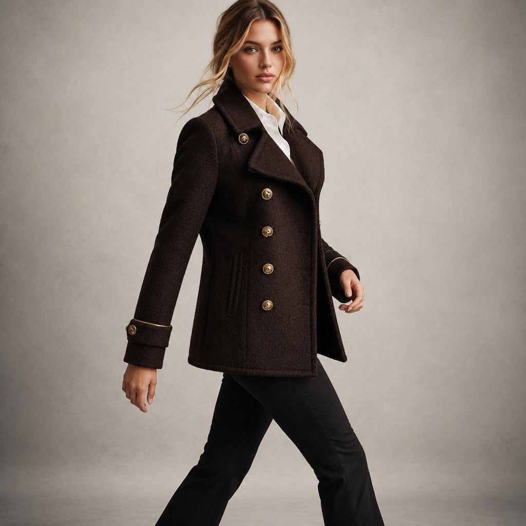 Women's Dark Brown Wool Peacoat, Double Breasted Military Jacket with Gold Buttons