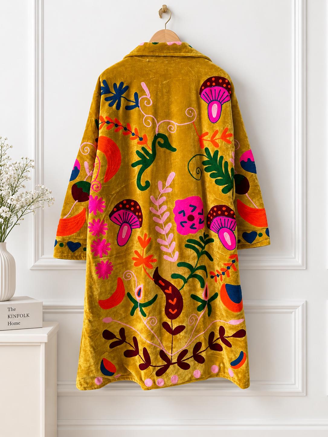 Mustard Velvet Embroidered Coat, Colorful Folk Art Duster, Boho Statement Jacket