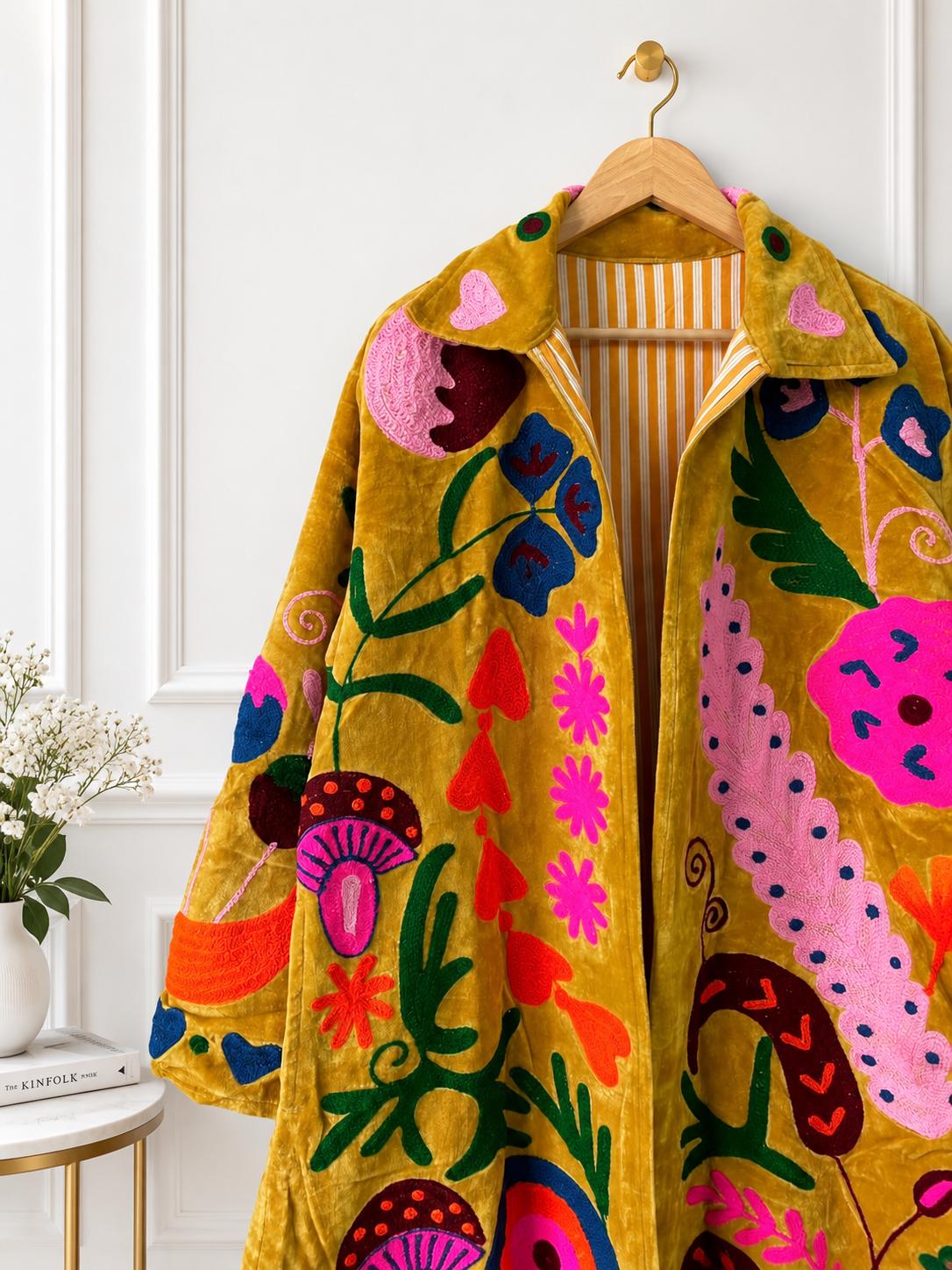 Mustard Velvet Embroidered Coat, Colorful Folk Art Duster, Boho Statement Jacket