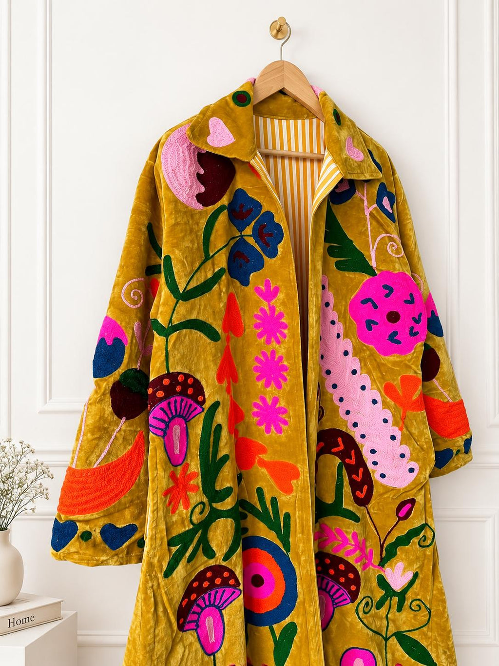 Mustard Velvet Embroidered Coat, Colorful Folk Art Duster, Boho Statement Jacket