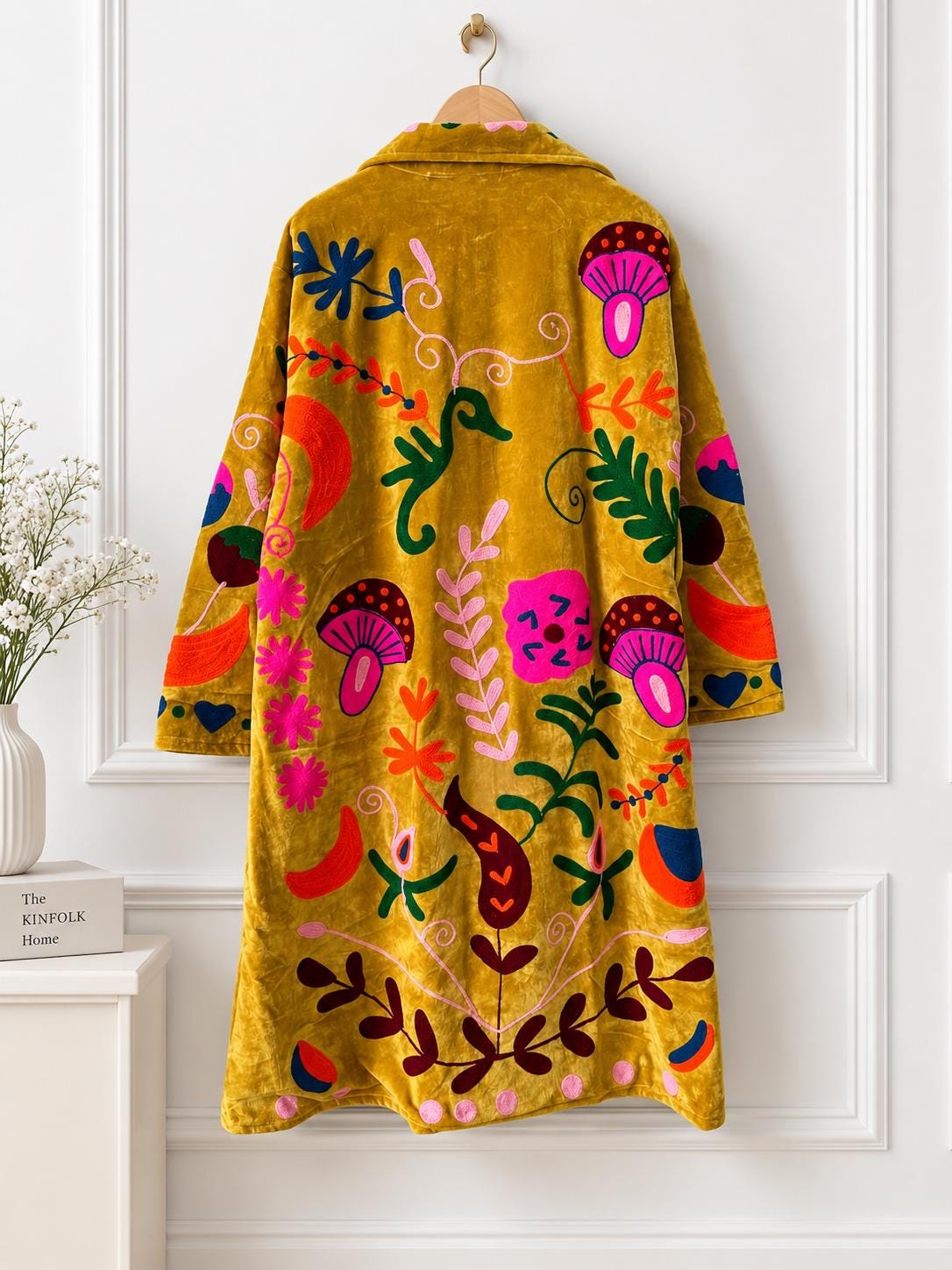 Mustard Velvet Embroidered Coat, Colorful Folk Art Duster, Boho Statement Jacket