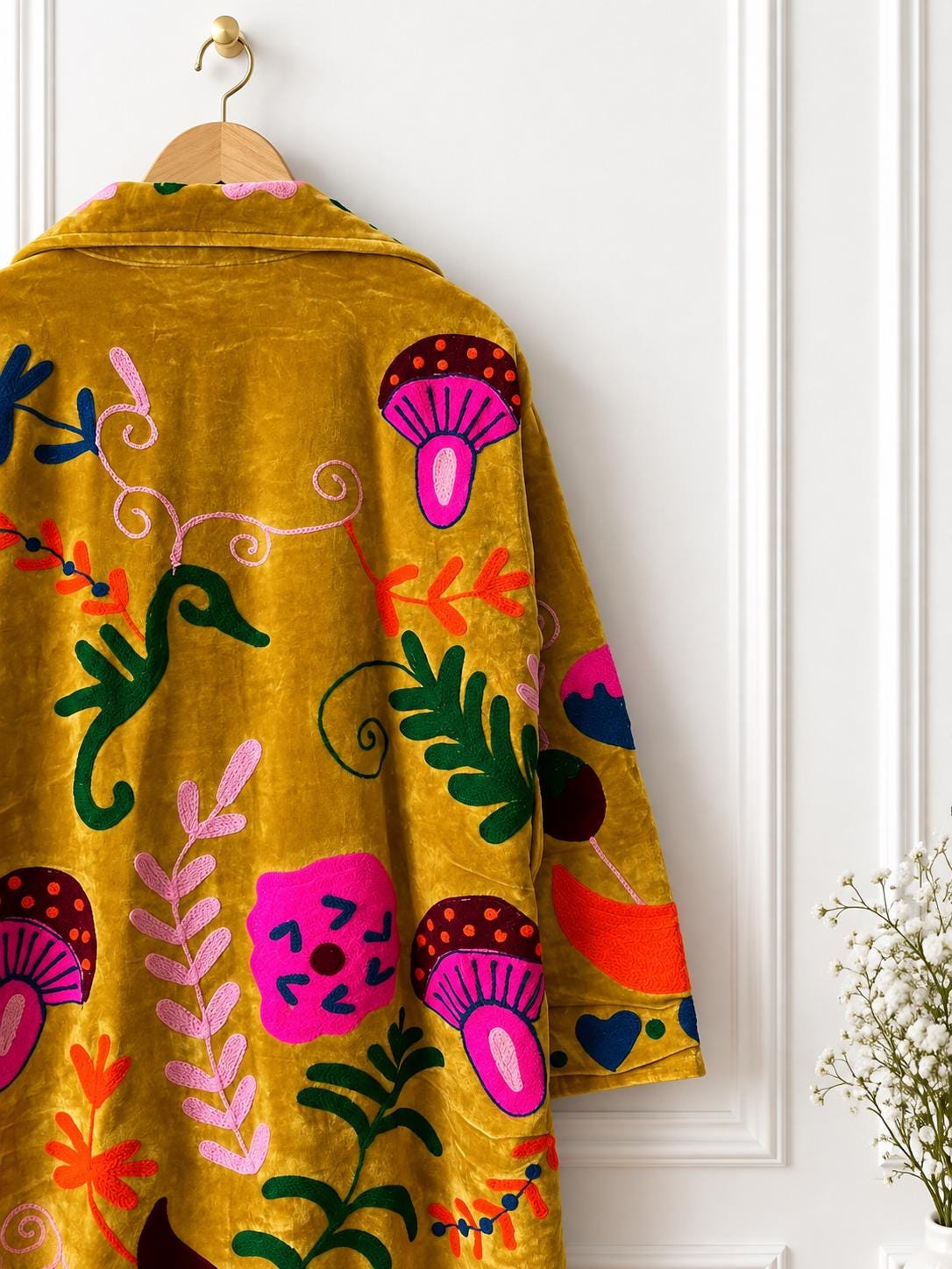 Mustard Velvet Embroidered Coat, Colorful Folk Art Duster, Boho Statement Jacket