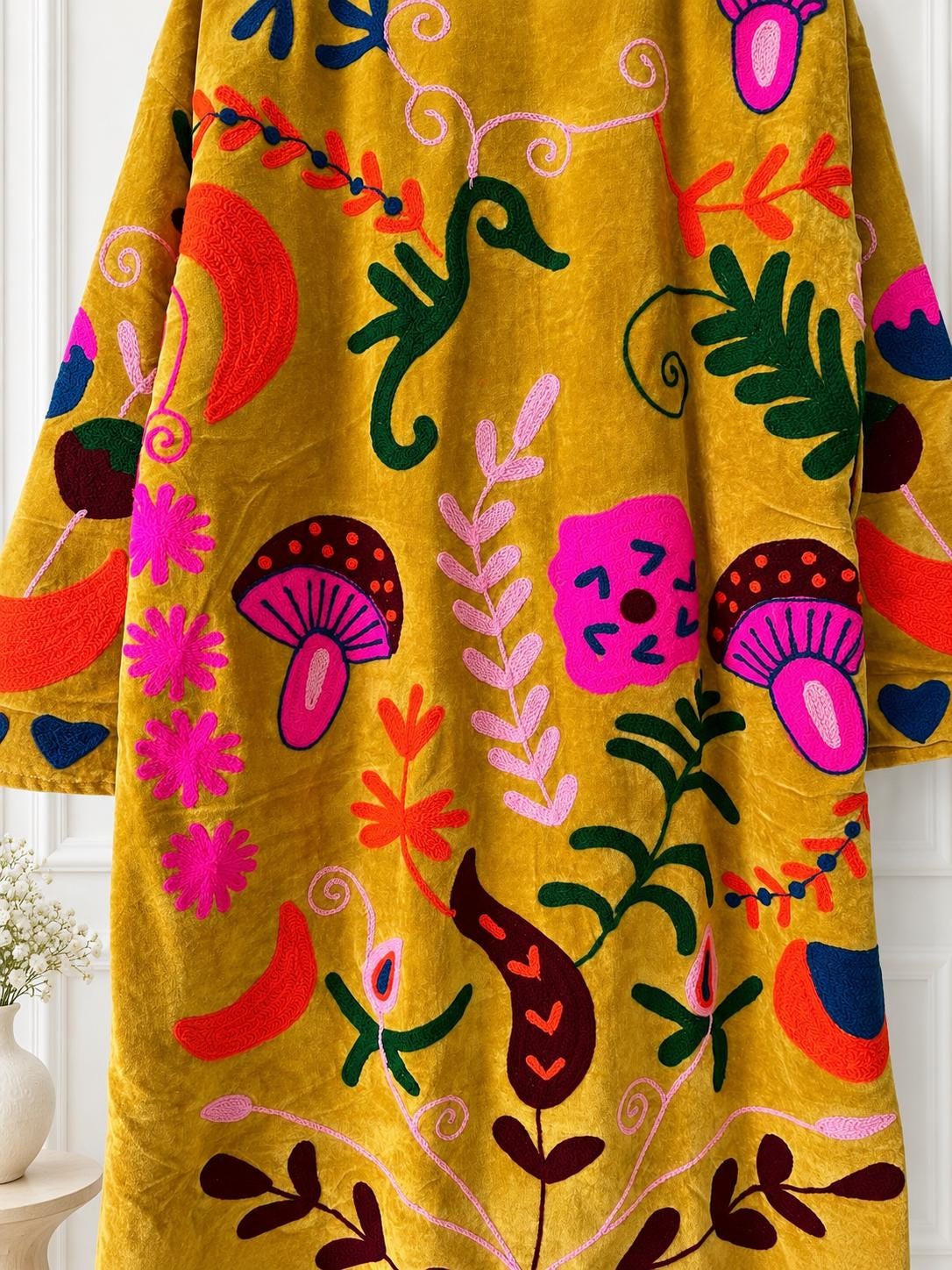 Mustard Velvet Embroidered Coat, Colorful Folk Art Duster, Boho Statement Jacket