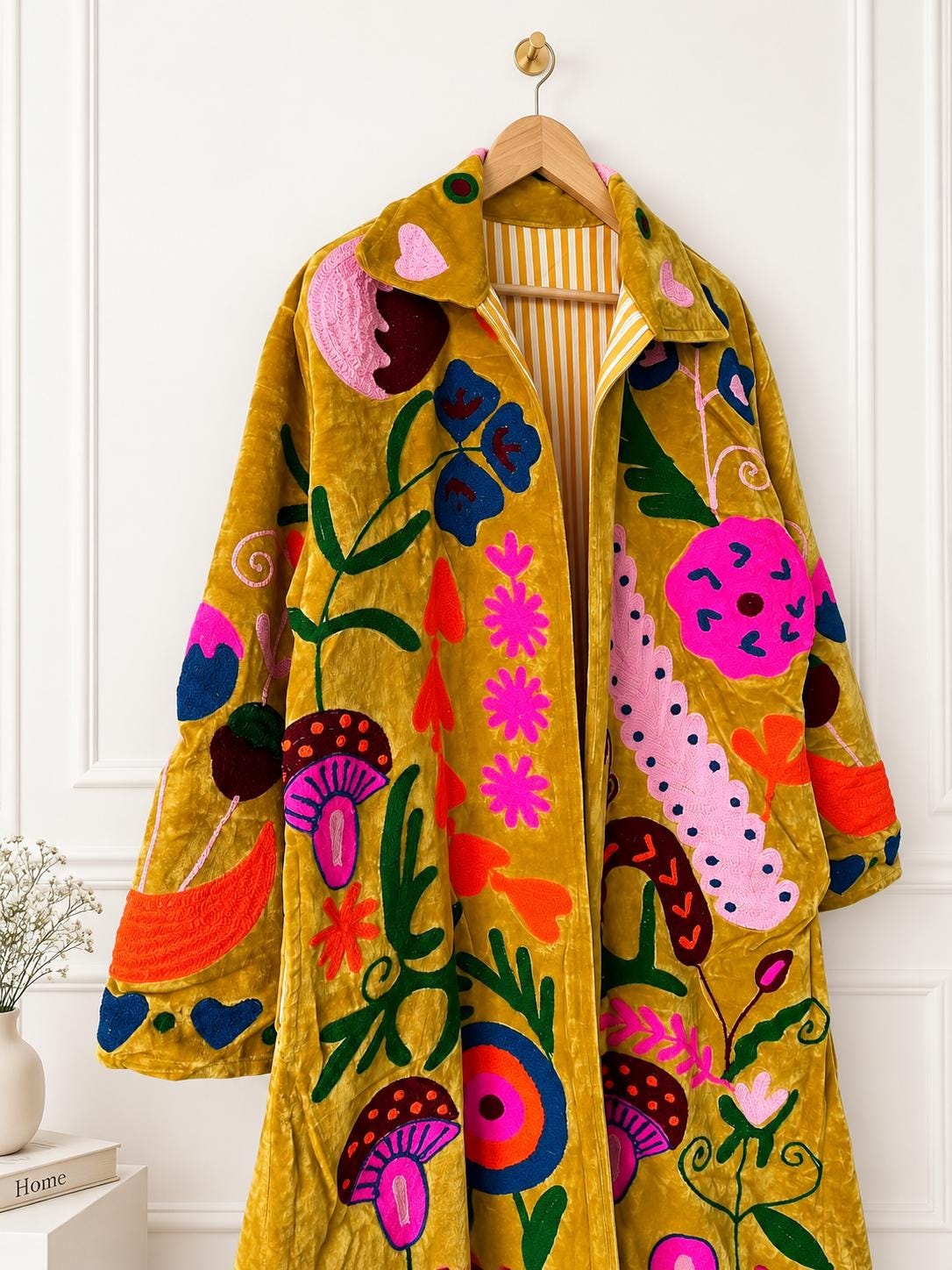 Mustard Velvet Embroidered Coat, Colorful Folk Art Duster, Boho Statement Jacket