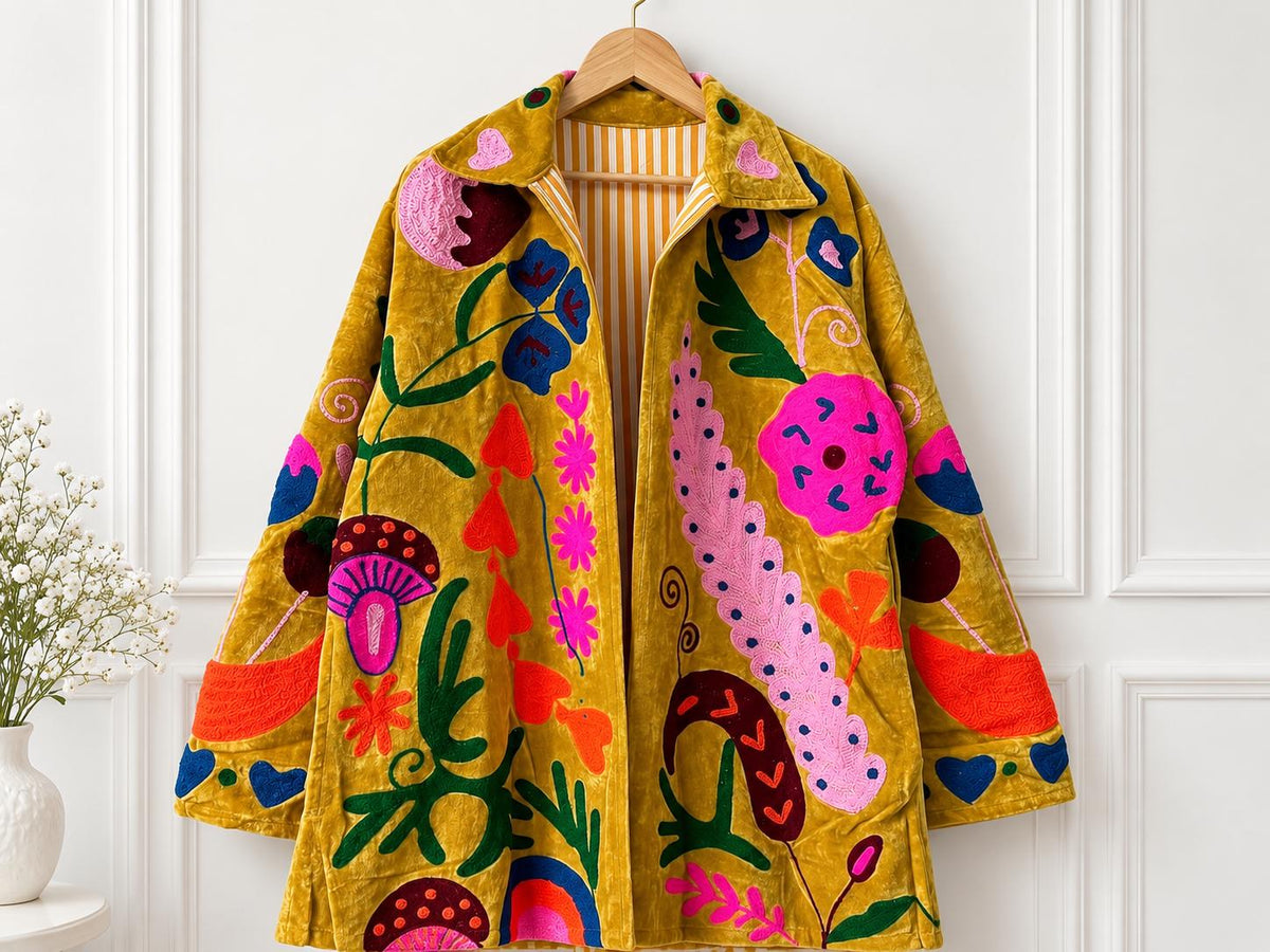 Mustard Velvet Embroidered Coat, Colorful Folk Art Duster, Boho Statement Jacket