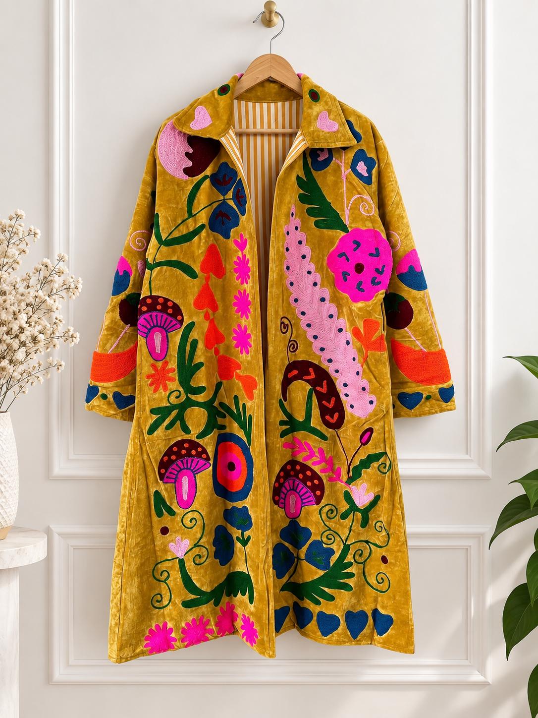 Mustard Velvet Embroidered Coat, Colorful Folk Art Duster, Boho Statement Jacket