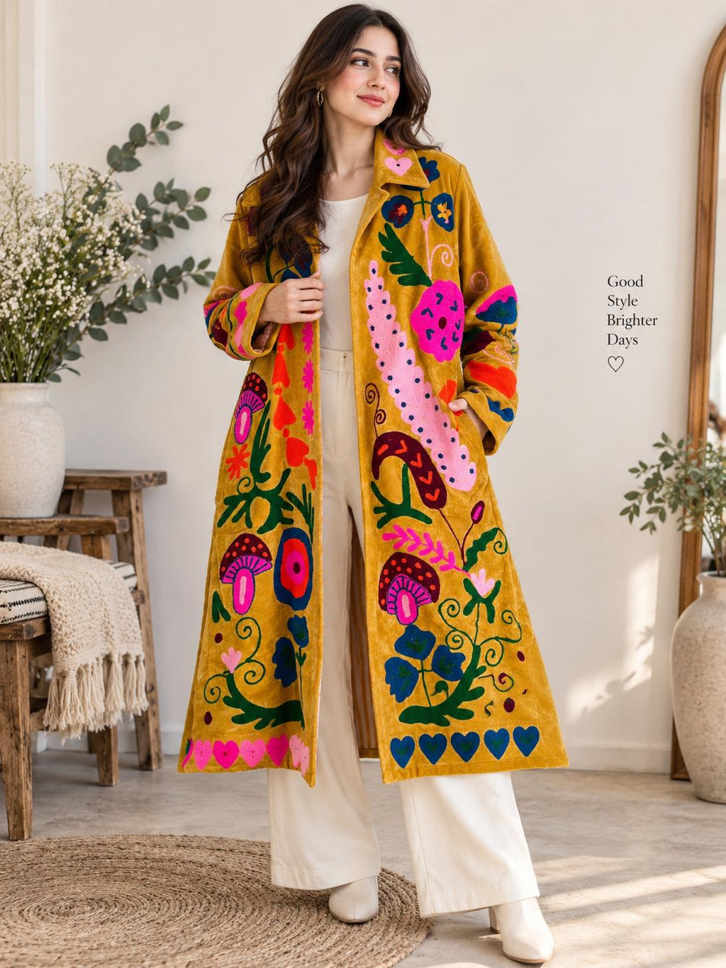 Mustard Velvet Embroidered Coat, Colorful Folk Art Duster, Boho Statement Jacket