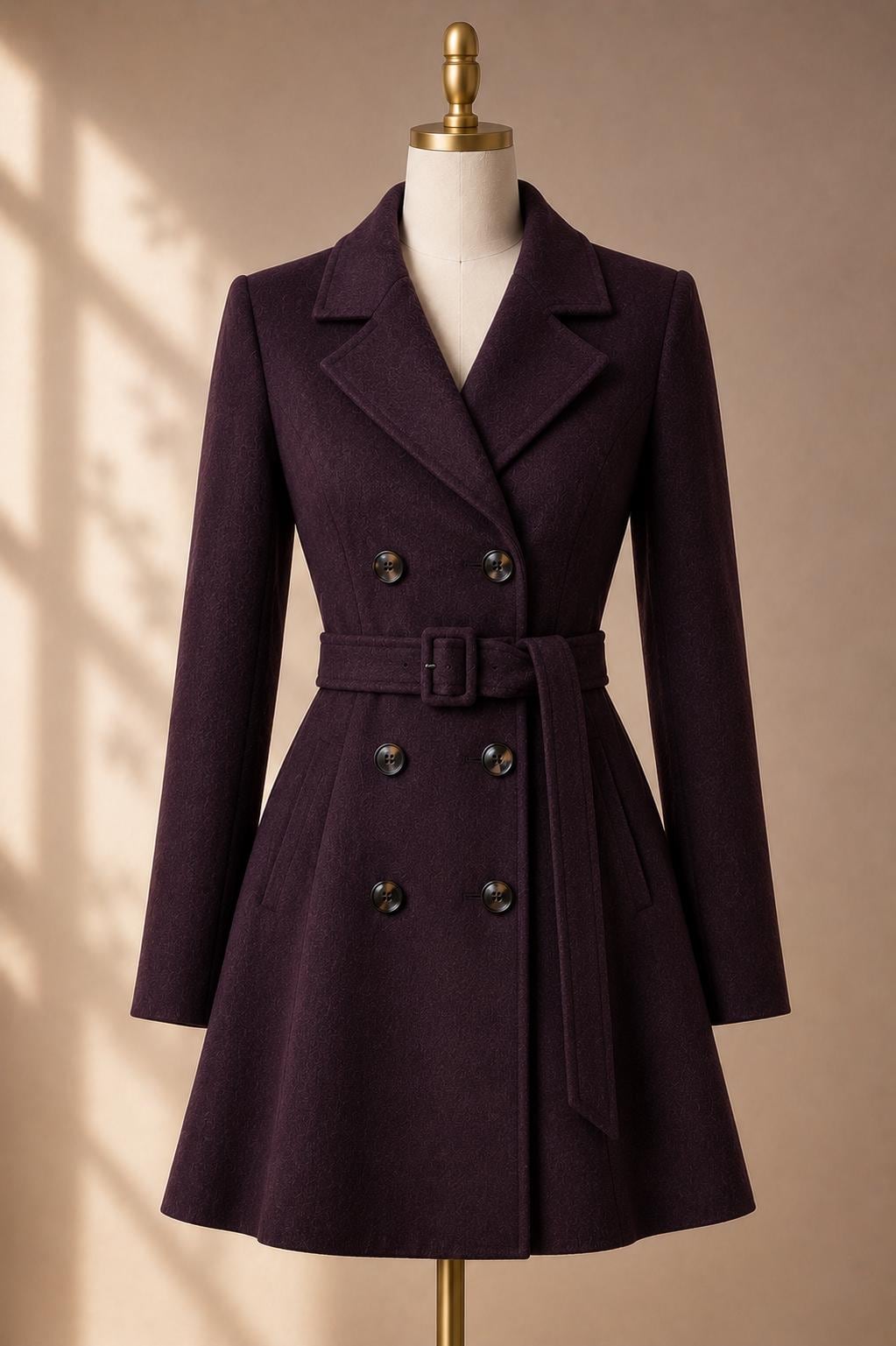 Women's Wool Coat Dress, Short Double Breasted Trench Coat, Belted A Line Winter Coat, Tailored Wool Jacket Dress, Elegant Fall Outerwear