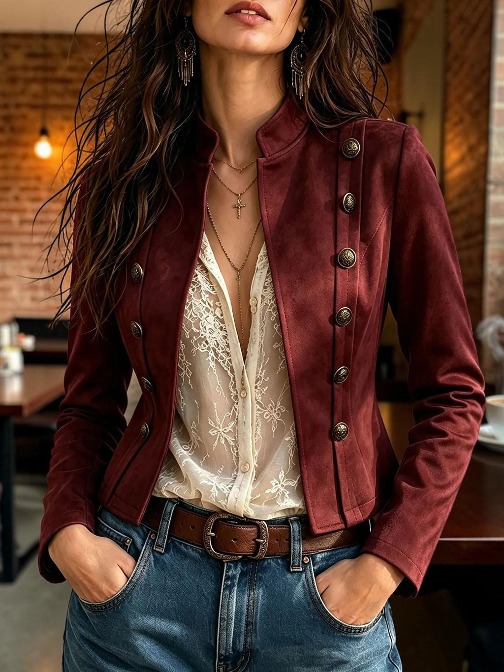 Women's Vintage Double Breasted Short Coat, Stand Neck Jacket, Elegant Casual Long Sleeve Outerwear, Chic Autumn Winter Coat