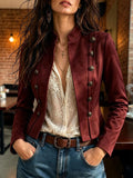 Women's Vintage Double Breasted Short Coat, Stand Neck Jacket, Elegant Casual Long Sleeve Outerwear, Chic Autumn Winter Coat