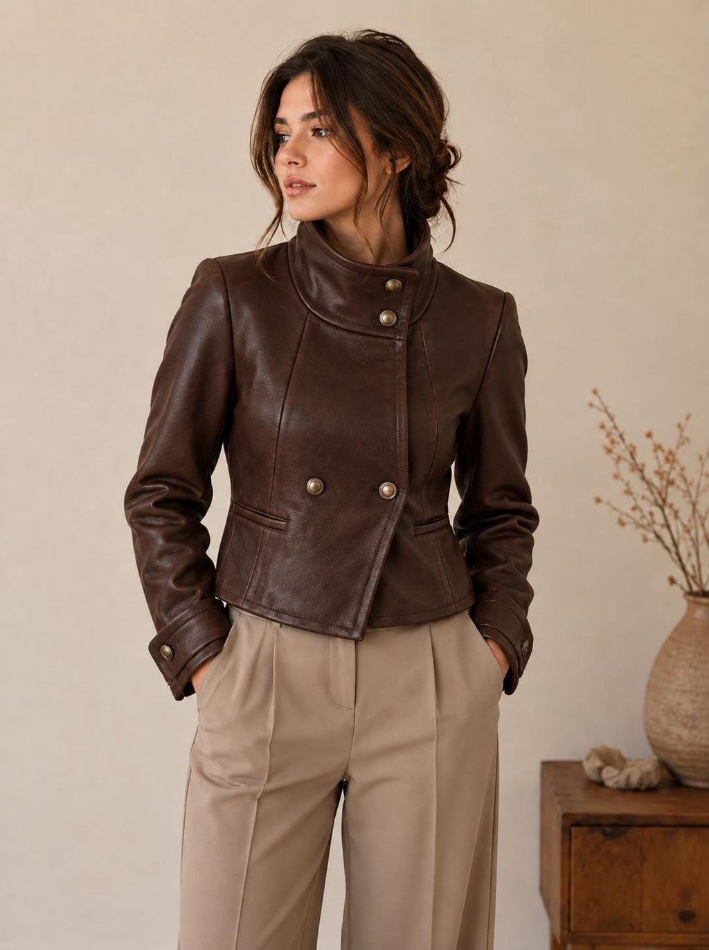 Women's Wool Jacket, Brown Military Style Coat, High Collar Tailored Fall Winter Outerwear