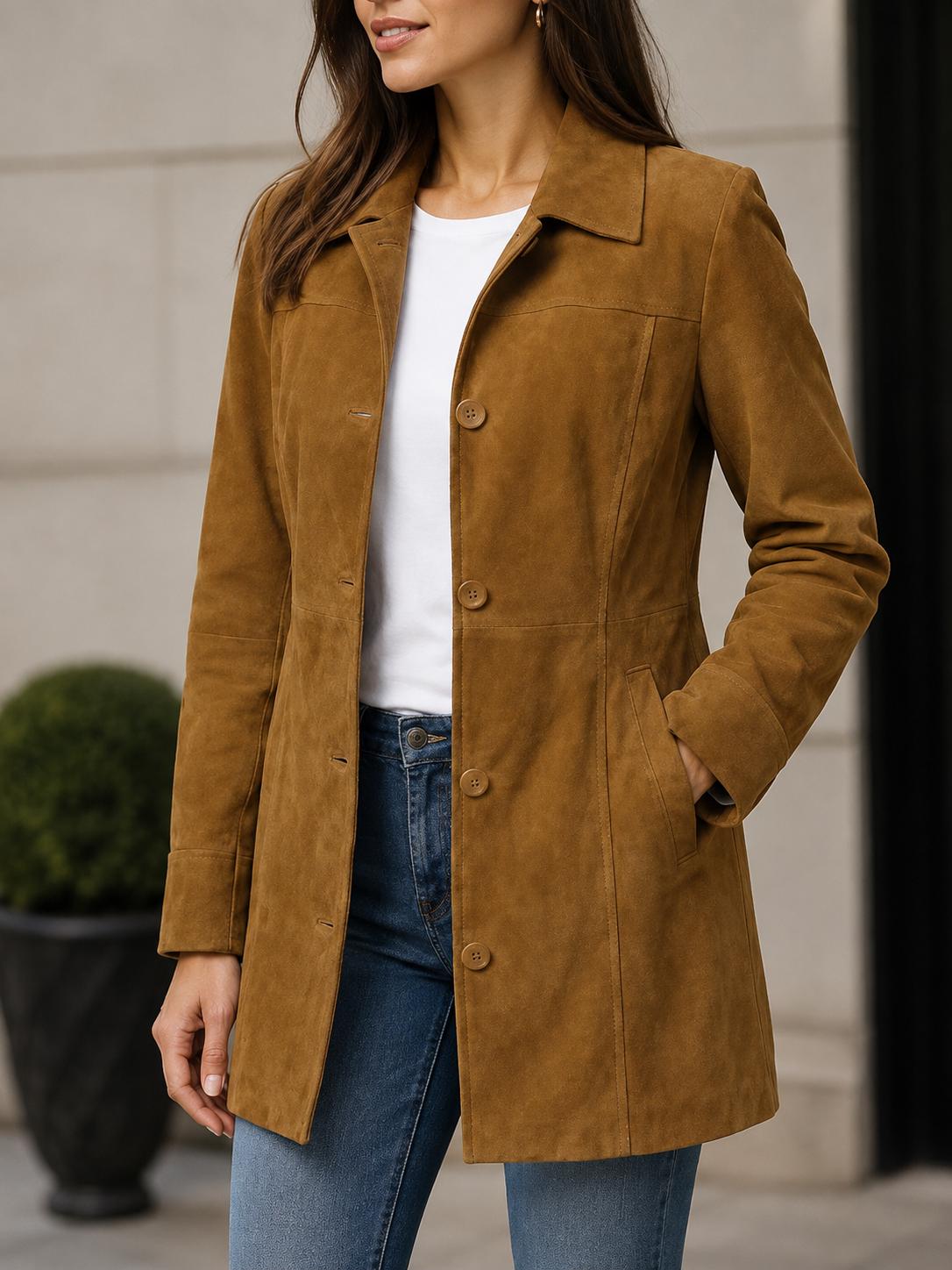 Women's Tan Suede Coat, Brown Suede Jacket, Long Leather Car Coat, Vintage Suede Outerwear, Button Front Jacket, Fall Winter Coat