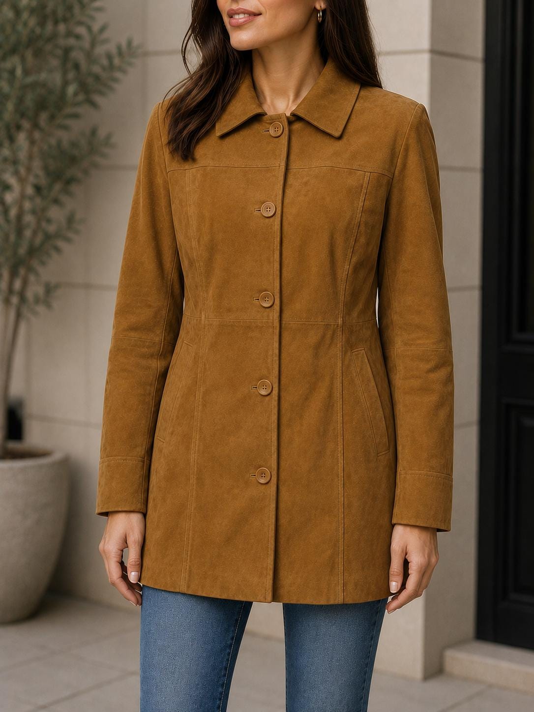 Women's Tan Suede Coat, Brown Suede Jacket, Long Leather Car Coat, Vintage Suede Outerwear, Button Front Jacket, Fall Winter Coat
