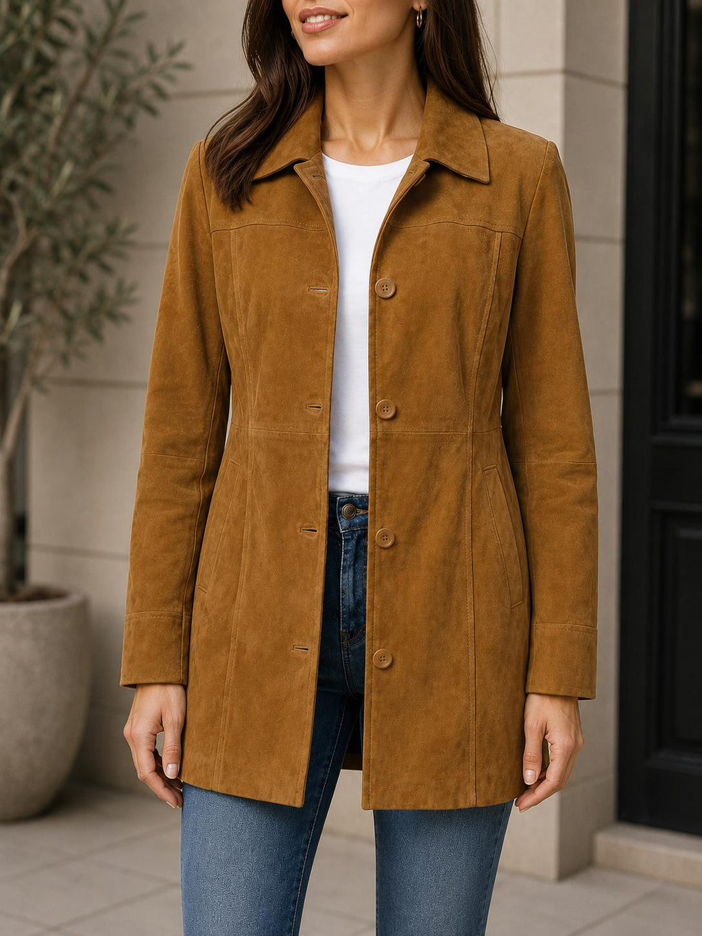 Women's Tan Suede Coat, Brown Suede Jacket, Long Leather Car Coat, Vintage Suede Outerwear, Button Front Jacket, Fall Winter Coat