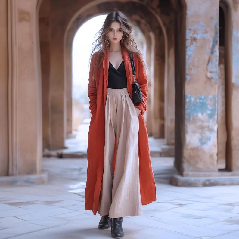 Women's Brown Maxi Shrug, Long Open Front Duster, Boho Lightweight Cardigan, Casual Layering Jacket(V)