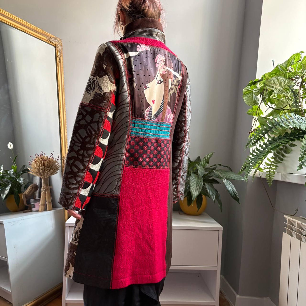 Desigual Patchwork Art Coat Geisha Portrait Print Jewel Button Statement Jacquard Coat Boho Maximalist Long Coat