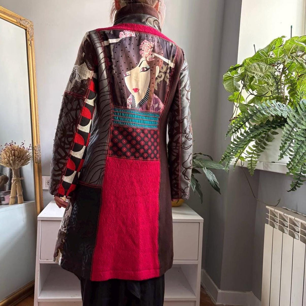 Desigual Patchwork Art Coat Geisha Portrait Print Jewel Button Statement Jacquard Coat Boho Maximalist Long Coat