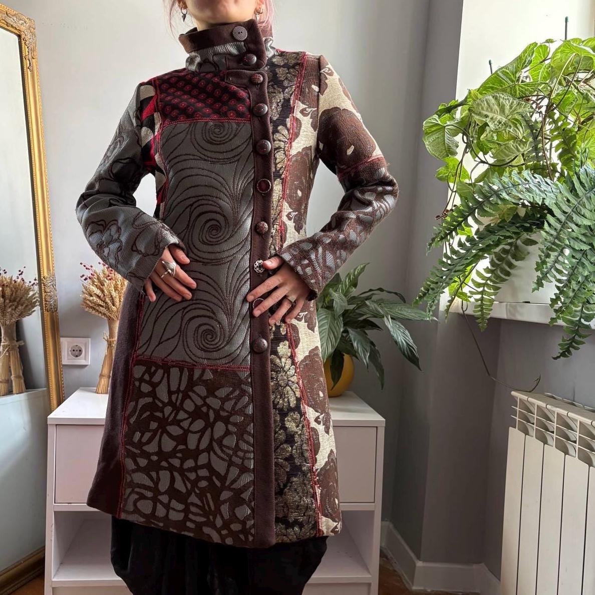 Desigual Patchwork Art Coat Geisha Portrait Print Jewel Button Statement Jacquard Coat Boho Maximalist Long Coat