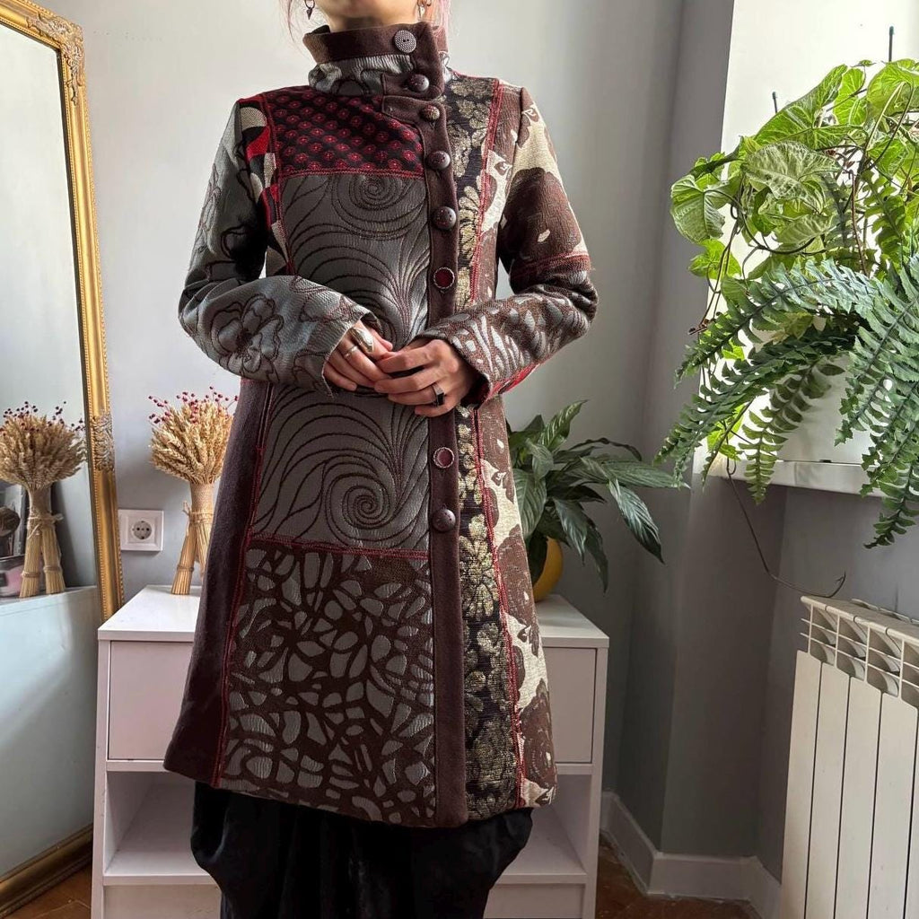 Desigual Patchwork Art Coat Geisha Portrait Print Jewel Button Statement Jacquard Coat Boho Maximalist Long Coat