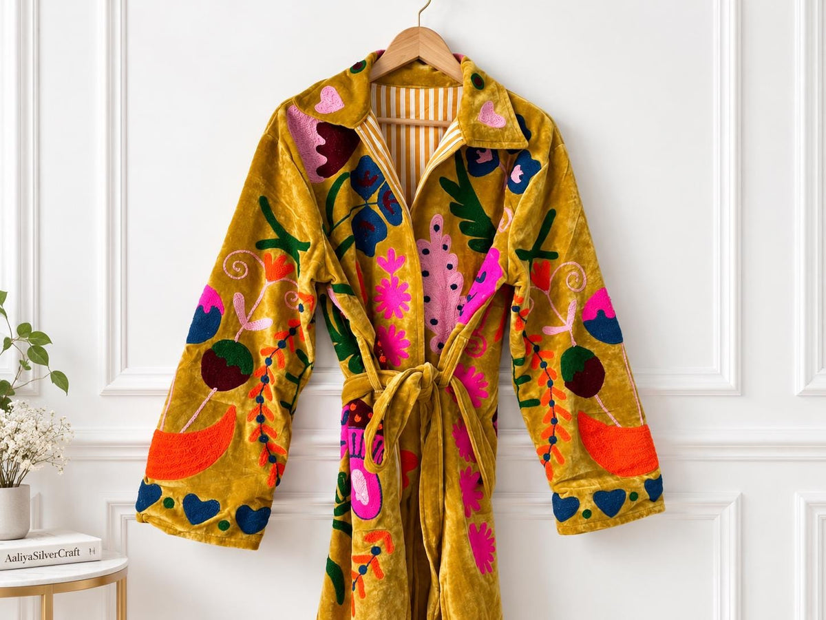 Mustard Velvet Embroidered Coat, Colorful Folk Art Duster, Boho Statement Jacket