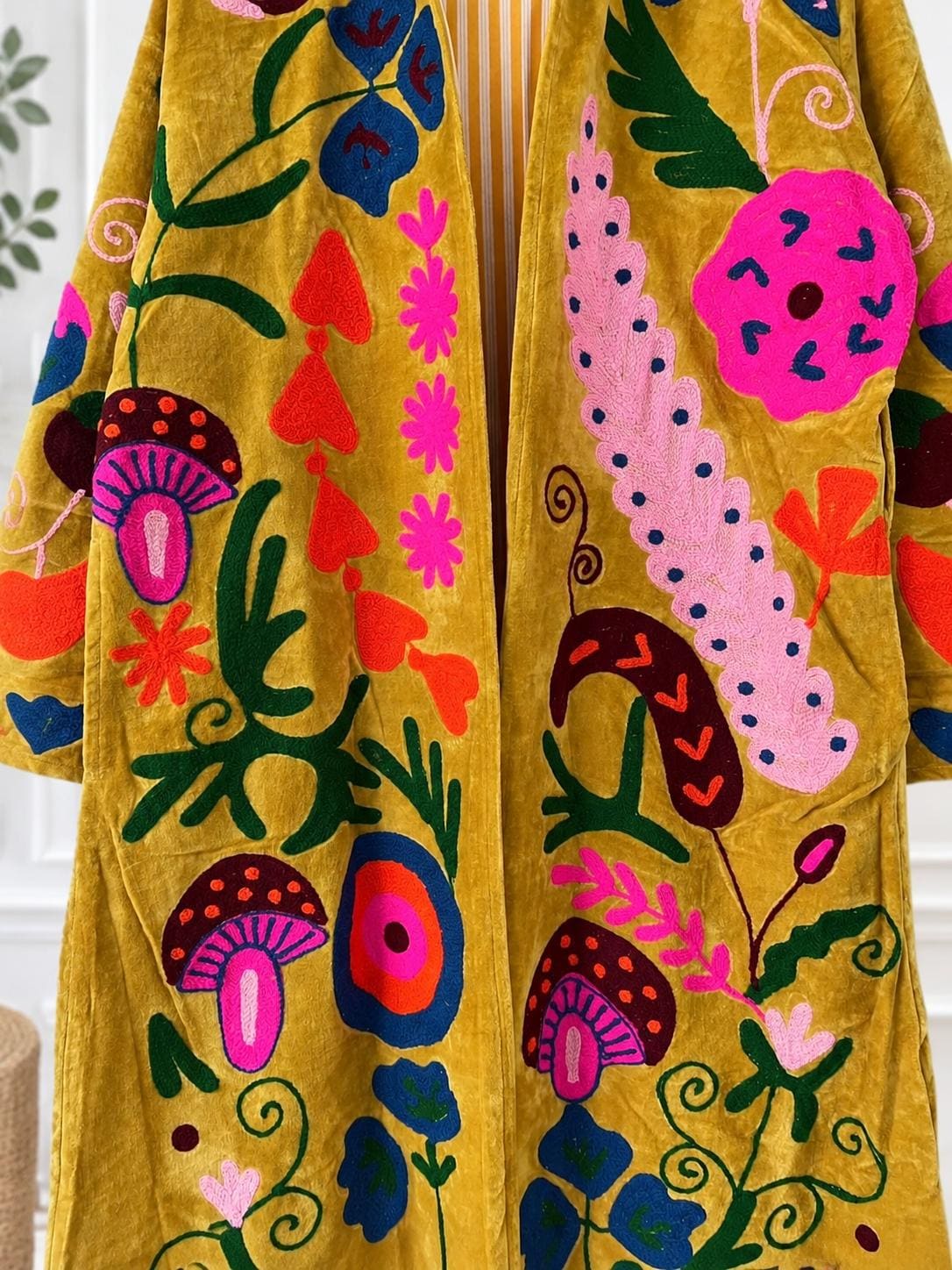 Mustard Velvet Embroidered Coat, Colorful Folk Art Duster, Boho Statement Jacket
