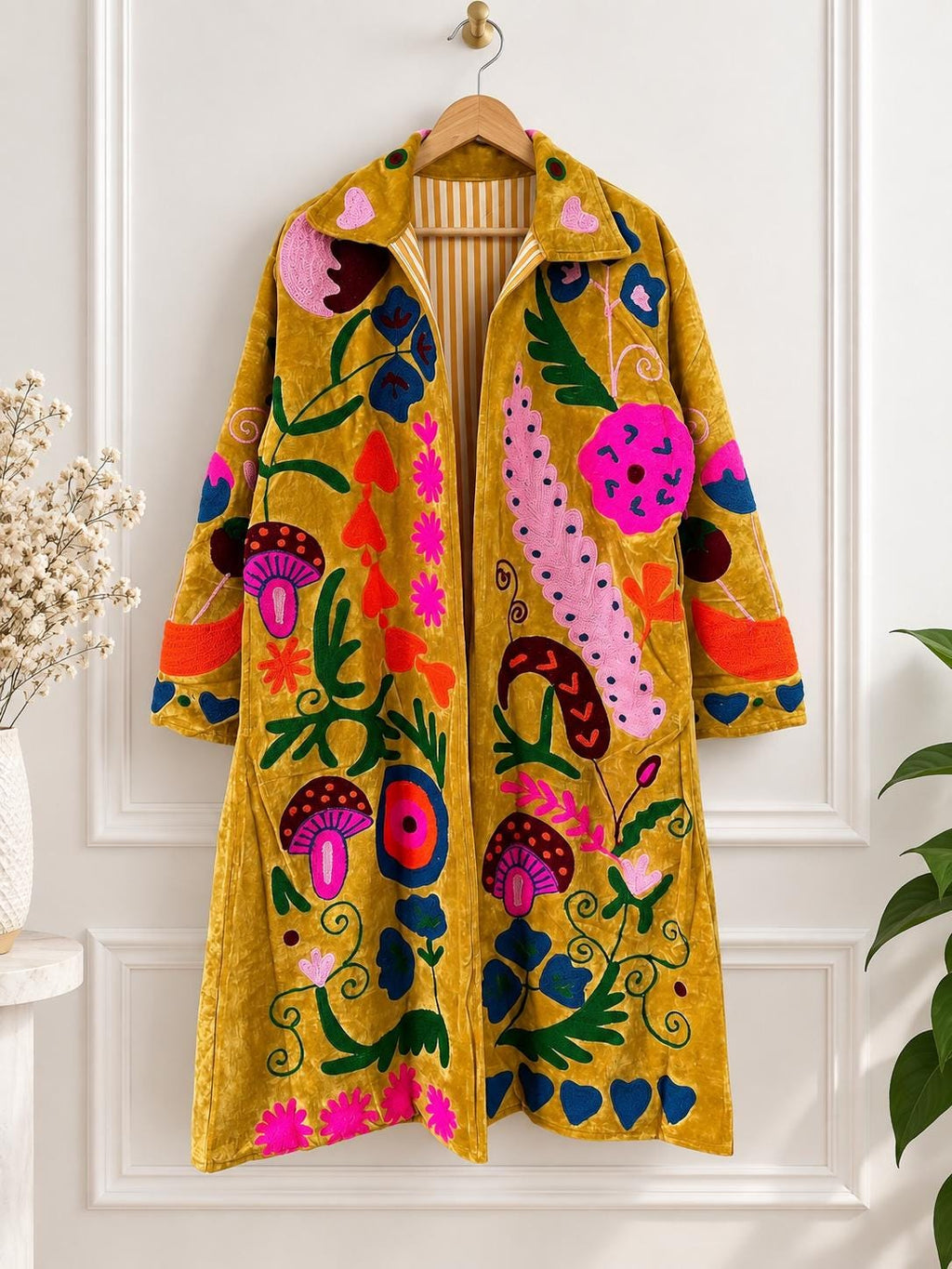 Mustard Velvet Embroidered Coat, Colorful Folk Art Duster, Boho Statement Jacket