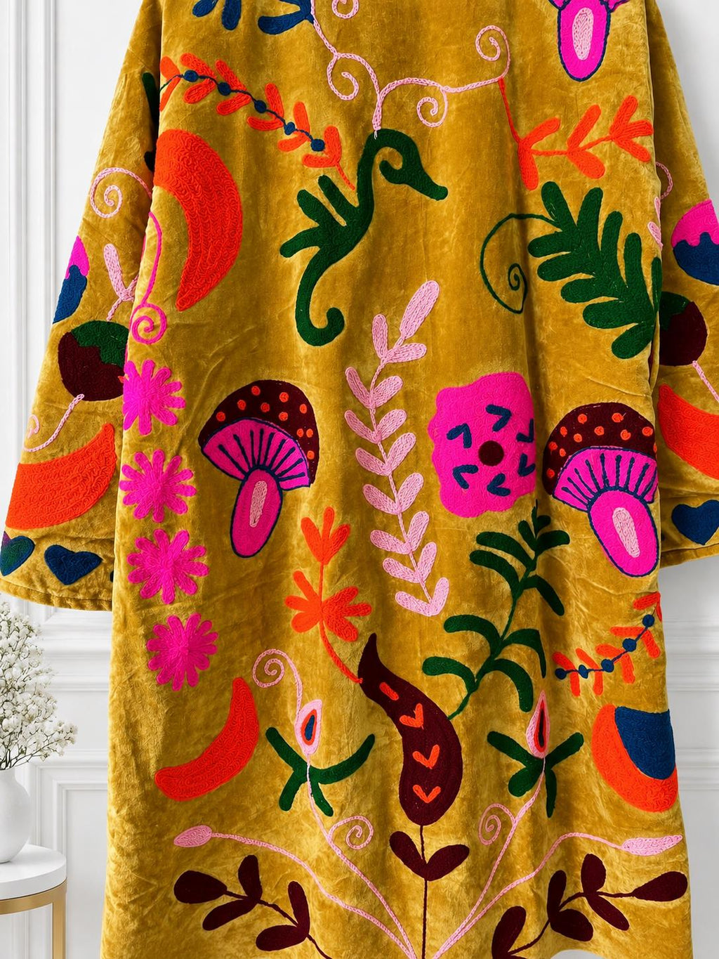 Mustard Velvet Embroidered Coat, Colorful Folk Art Duster, Boho Statement Jacket
