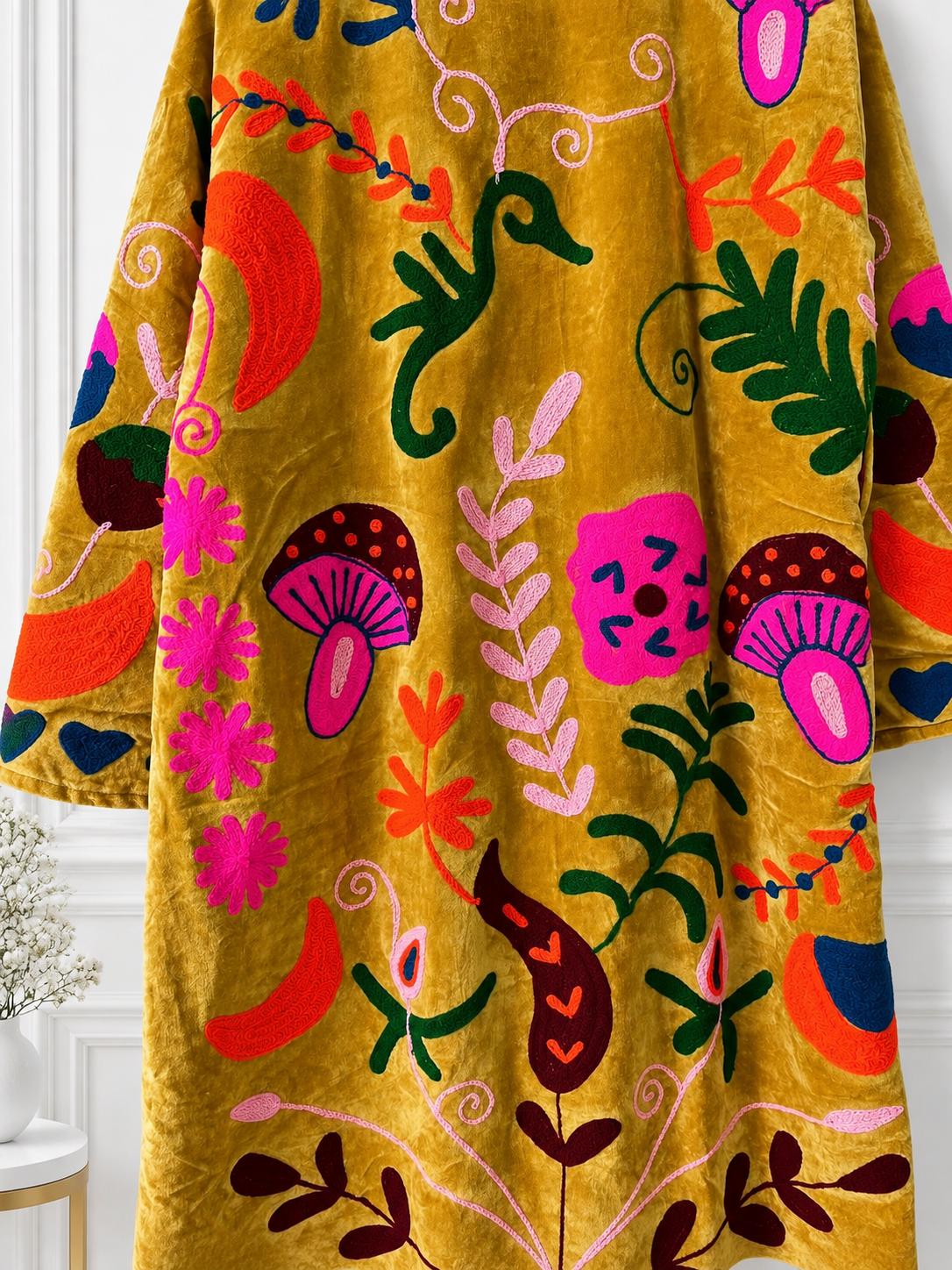 Mustard Velvet Embroidered Coat, Colorful Folk Art Duster, Boho Statement Jacket