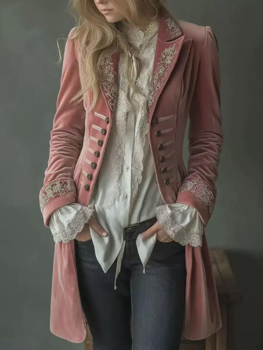 Womens Long Sleeve Solid Color Patchwork Lace Gold Velvet Coat Elegant Vintage Winter Jacket, Luxury Evening Cardigan, Gothic Glam Outerwear