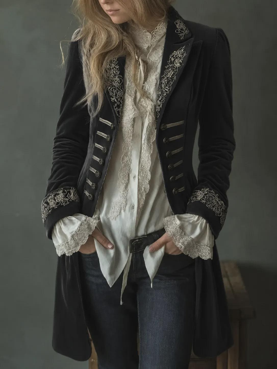 Womens Long Sleeve Solid Color Patchwork Lace Gold Velvet Coat Elegant Vintage Winter Jacket, Luxury Evening Cardigan, Gothic Glam Outerwear