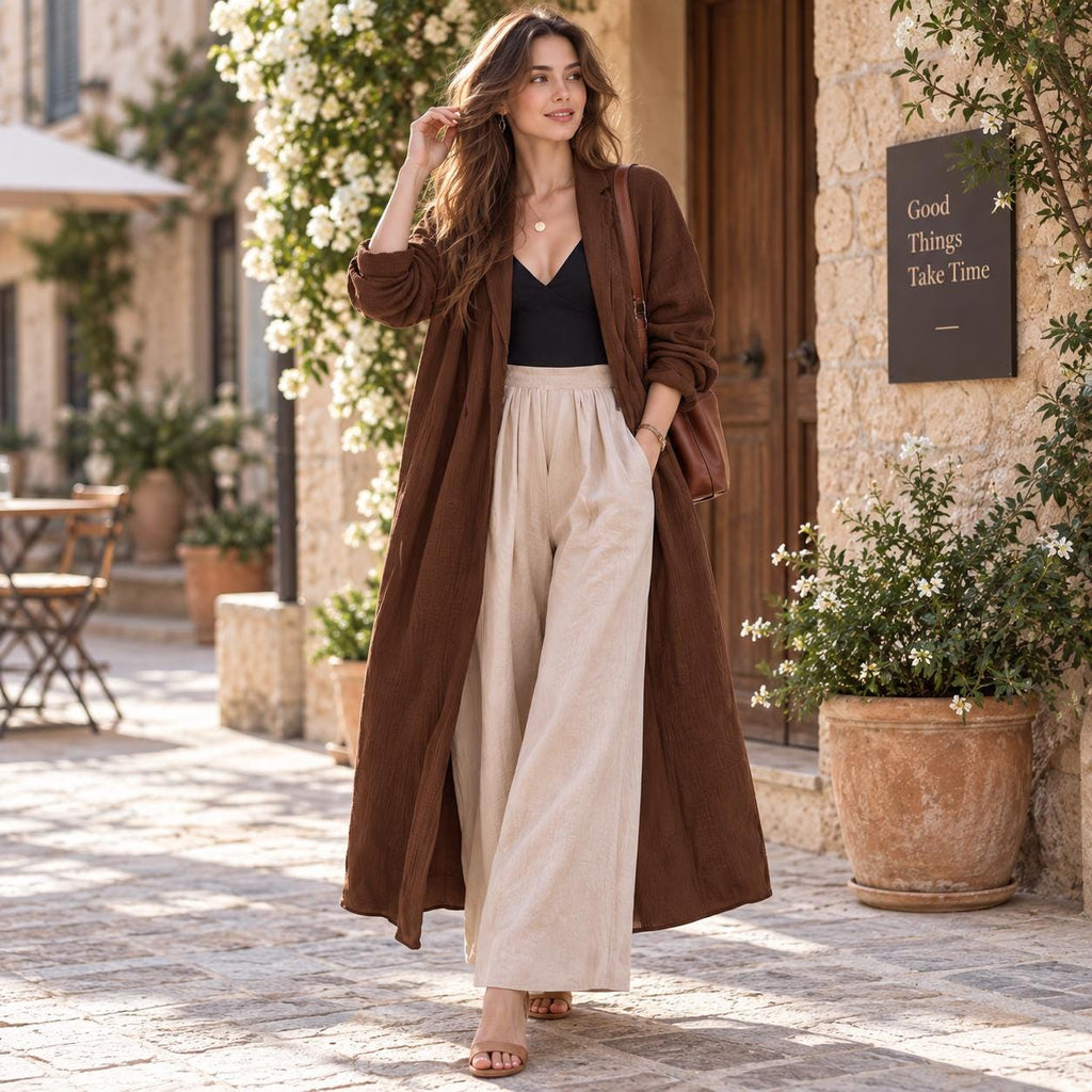 Women's Brown Maxi Shrug, Long Open Front Duster, Boho Lightweight Cardigan, Casual Layering Jacket(V)